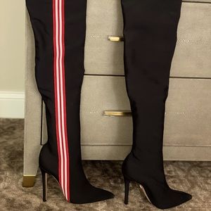 Schutz over the knee boots (black with red and white stripe) Size 9